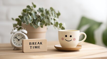 BREAK TIME on a wooden with an alarm clock and a coffee mug with a smiling face on a white background, minimal, simple.