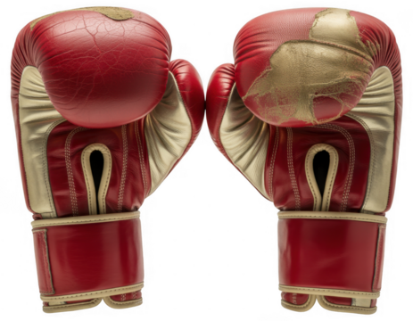 Red and gold boxing gloves isolated on a transparent background