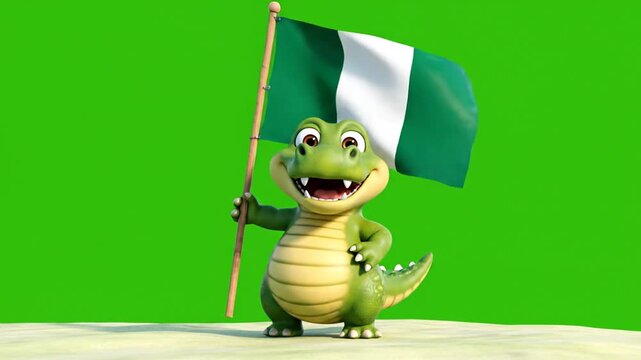 Cheerful Cartoon Alligator Waving Nigerian Flag on Green Screen Background
