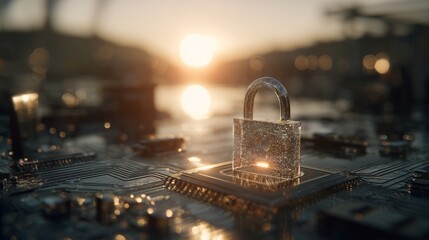 A shiny padlock sits atop a circuit board, illustrating the significance of data security in a technology-driven world. The golden sunlight enhances the padlock's shine, highlighti