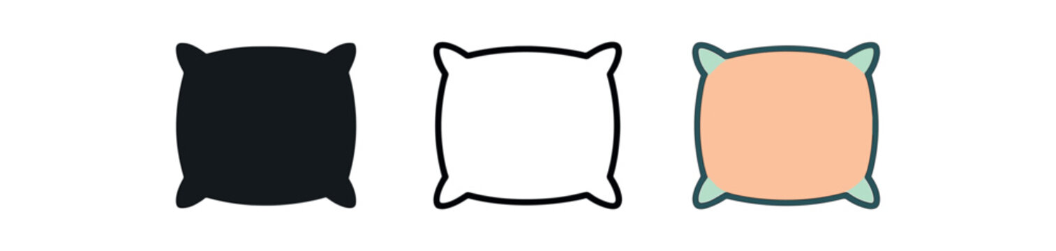 pillow icons three cushion icons one flat solid monochrome one thin black outline black and white one full color flat icon soft pastel tone cozy decor