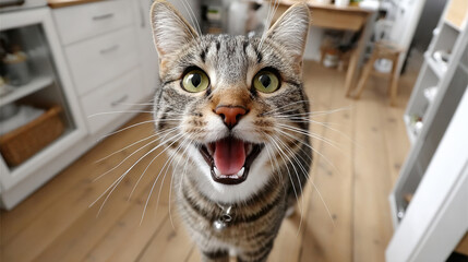 Portrait of hungry domestic cat with green eyes and opening mouth, funny excited pet asking for food in kitchen