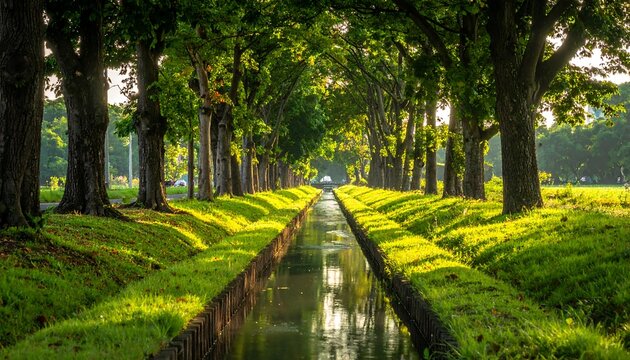 Serene tree-lined pathway with a waterway, bathed in sunlight