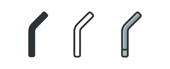 reusable straw icons three reusable straw icons one flat solid monochrome one thin black outline black and white one full color flat icon metal gray with tiny green accent