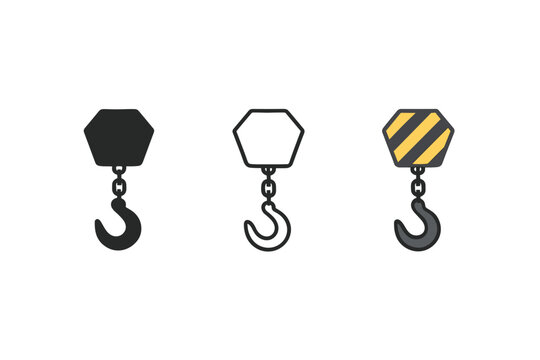 crane hook icons three industrial crane hook silhouettes with tiny chain one flat solid monochrome one thin black outline black and white one full color flat icon and gray