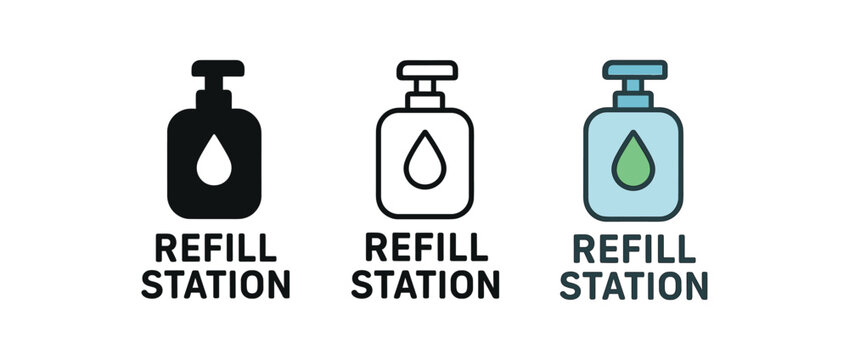 refill station icons three refill station icons one flat solid monochrome one thin black outline black and white one full color flat icon with light blue dispenser and green drop