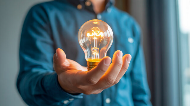 Close-up of a person's hand holding a glowing incandescent light bulb, symbolizing an idea inspiration