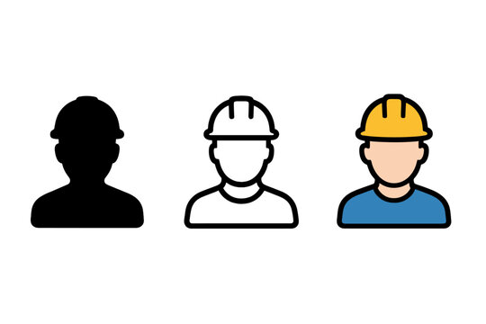 warehouse worker icons three hard hat person head and shoulders icons one flat solid monochrome one thin black outline black and white one full color flat icon helmet and blue shirt