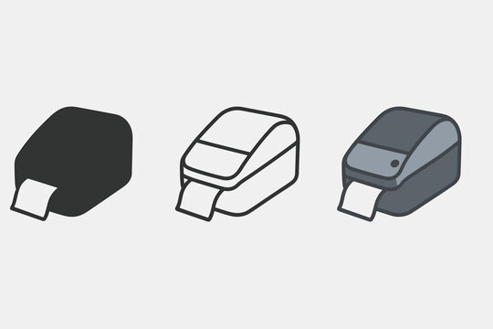 label printer icons three desktop label printer silhouettes with small label coming one flat solid monochrome one thin black outline black and white one full color flat icon gray and white