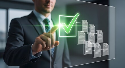 Businessman selecting digital checklist on transparent screen