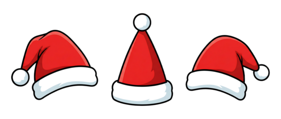Three Icon Set cartoon Santa hats, red with white trim, displayed in various angles.