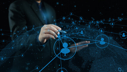 A professional illustrates a cutting-edge communication network, showcasing global connections and interaction through digital elements, enhancing business efficiency and collaboration. Cipher