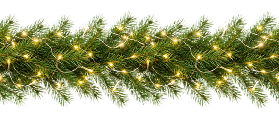 Seamless decorative christmas border with lights garland and coniferous branches isolated on transparent background