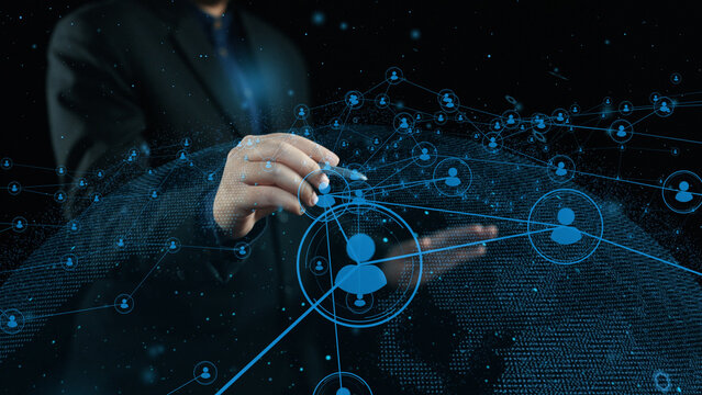 A professional illustrates a cutting-edge communication network, showcasing global connections and interaction through digital elements, enhancing business efficiency and collaboration. Cipher