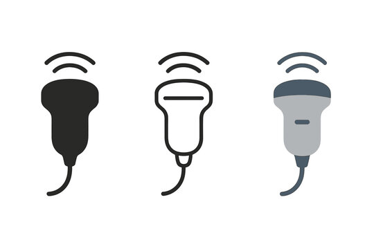 ultrasound probe icons three handheld ultrasound probe icons with tiny wave lines one flat solid monochrome one thin black outline black and white one full color flat icon gray and blue