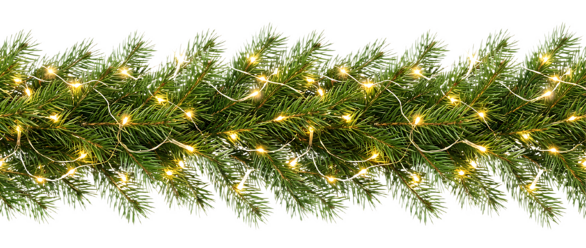 Seamless decorative christmas border with lights garland and coniferous branches isolated on transparent background - Powered by Adobe