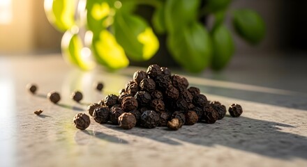 Pile of black peppercorns with basil background