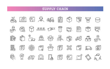 Supply Chain Icon Set. Logistics, Shipping, Delivery and Warehouse Line Icons