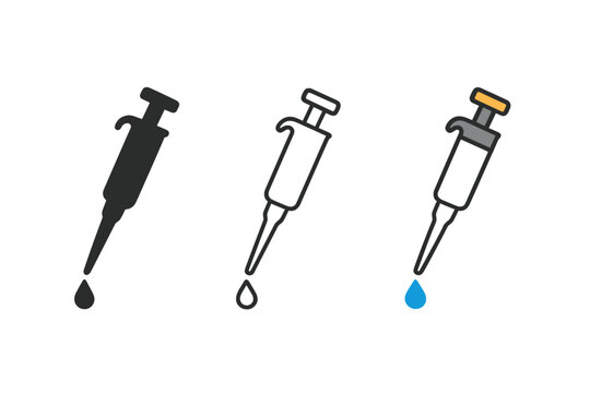 pipette icons three micropipette silhouettes with droplet one flat solid monochrome one thin black outline black and white one full color flat icon white body and colored plunger