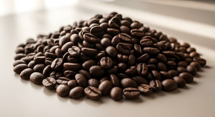 Pile of roasted coffee beans on surface