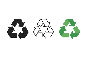 recycle symbol icons three recycling triangle icons one flat solid monochrome one thin black outline black and white one full color flat icon green