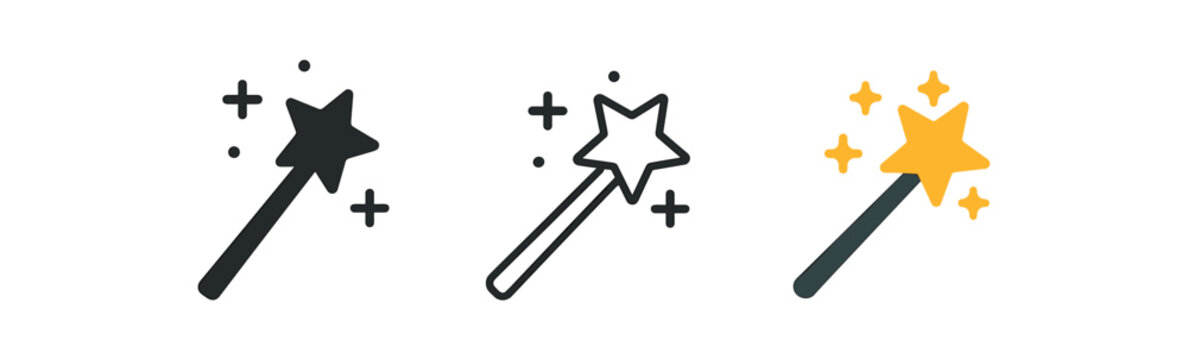 magic wand icons three magic wand icons one flat solid monochrome one thin black outline black and white one full color flat icon with tip and sparkles