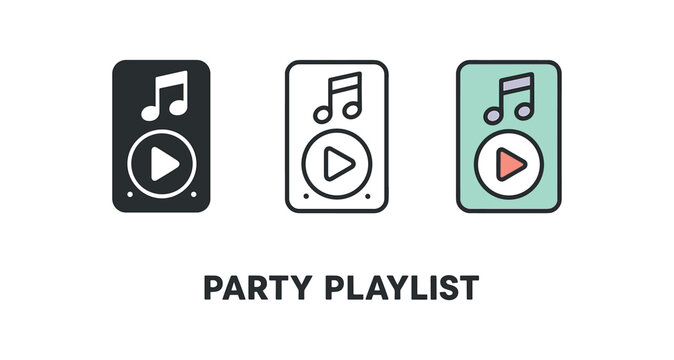 party playlist icons three music player icons one flat solid monochrome one thin black outline black and white one full color flat icon with play button and pastel accents