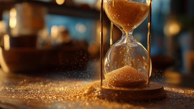 In a softly lit room, golden sand flows gently through a beautiful hourglass, illustrating the passage of time as it trickles down seamlessly. The hourglass captures the essence of - Powered by Adobe