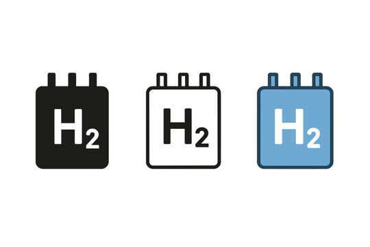 hydrogen fuel cell icons three rectangular cell icons with h2 symbol one flat solid monochrome one thin black outline black and white one full color flat icon blue and white