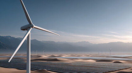 Wind turbine solar panel desert renewable energy sustainable landscape mountain blue sky clean power environment. Modern wind turbine and solar