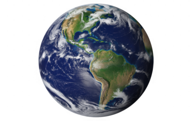 Planet Earth with visible continents and clouds isolated on a transparent background