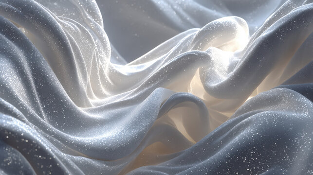 Abstract background of luxurious, flowing white and silver fabric draped in folds and glittering with small sparkles. This silky, soft texture conveys elegance, , wedding, holiday celebration concepts