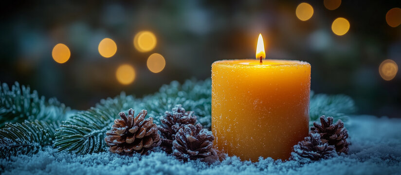 First Advent candle on bokeh light background. Merry Christmas festive card. Noel. Winter holiday xmas celebration theme. Happy New Year.