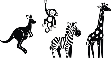Naklejka premium Kangaroo monkey zebra and giraffe animal silhouettes vector illustration for children education and wildlife concept 