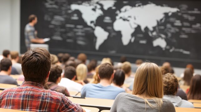 classroom filled with students from BRICS nations learning about global economics, with a blackboard showing multipolar world theory and financial concepts future leaders, global education, 