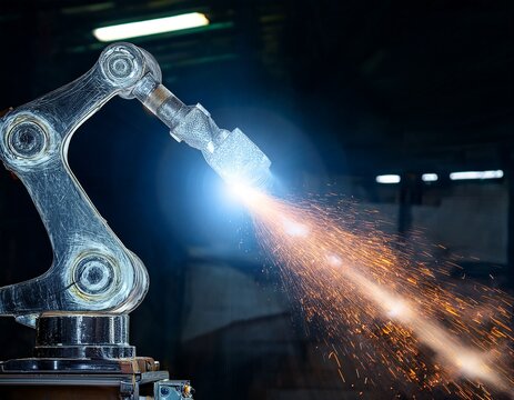 robotic arm emitting a stream of glowing particles in a dark industrial space