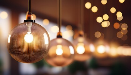 spherical pendant lights hanging indoors with soft glow and blurred background