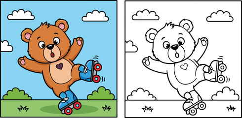 Cute cartoon bear on roller skates coloring book page with colored example vector illustration for kids