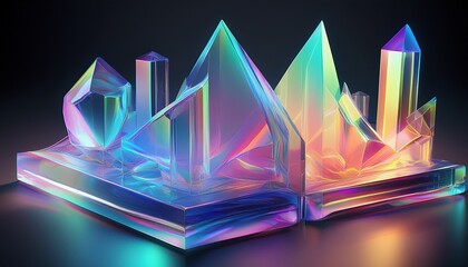 translucent iridescent crystal geometric shapes suggesting data analysis and insights in