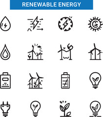 Renewable energy icon set with sunlight, wind, water, fossil fuel, oil, gas, coal, air pollution, solar and panel.
