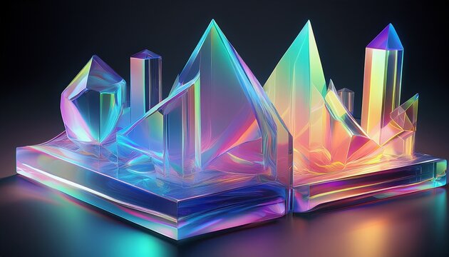 translucent iridescent crystal geometric shapes suggesting data analysis and insights in