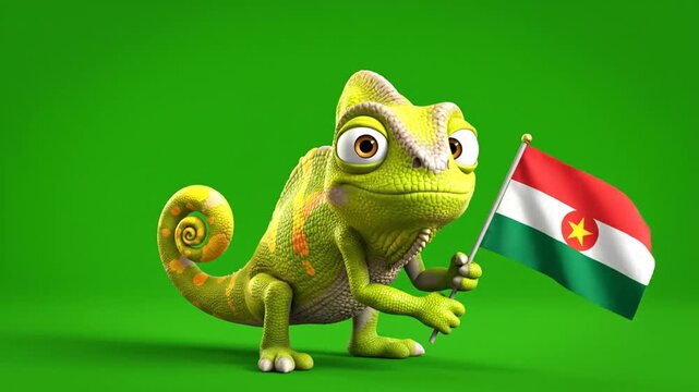 Playful 3D Chameleon Character Waving Flag on Vibrant Green Background