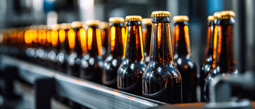 Bottles of craft beer move along the production line in a busy brewery during the afternoon hours