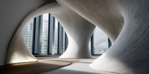 Modern architectural interior with flowing design and large windows  
