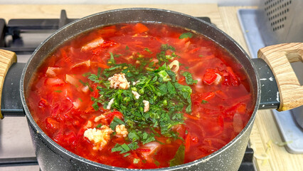 Bubbling cauldron of borscht, crimson symphony, Slavic culinary ritual, Winter Solstice warmth, beetroot essence, parsley crescendo, rustic nourishment