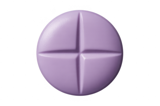 Purple pill with cross imprint isolated on a transparent background