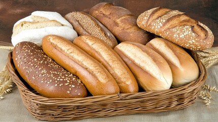 A delightful assortment of freshly baked breads is beautifully showcased in a charming wicker basket, elegantly placed on a rustic table setting