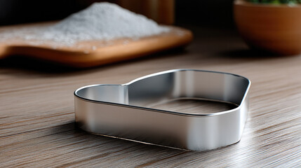 Heart shaped metal cookie cutter on wooden table, baking flour in background, kitchen utensil for pastry, cheerful baking atmosphere