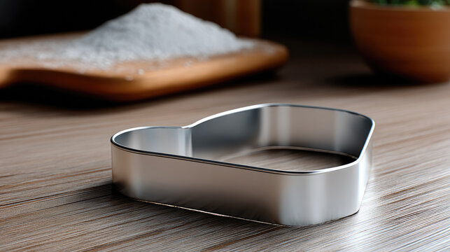 Heart shaped metal cookie cutter on wooden table, baking flour in background, kitchen utensil for pastry, cheerful baking atmosphere