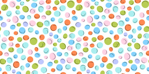 Colorful polka dots with random green, lavender, blue, orange, pink pastel color circles cheerful, celebration, party and  background design. Vector illustration 